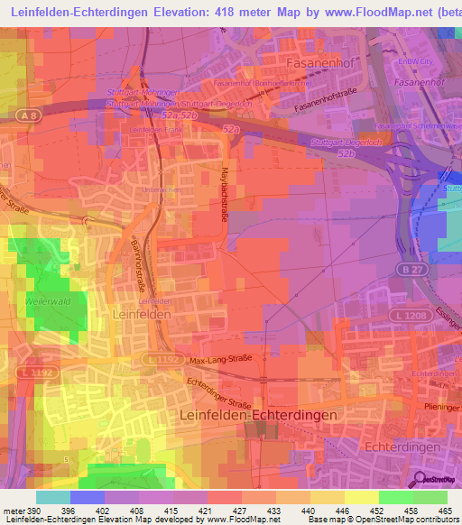 Leinfelden-Echterdingen,Germany Elevation Map