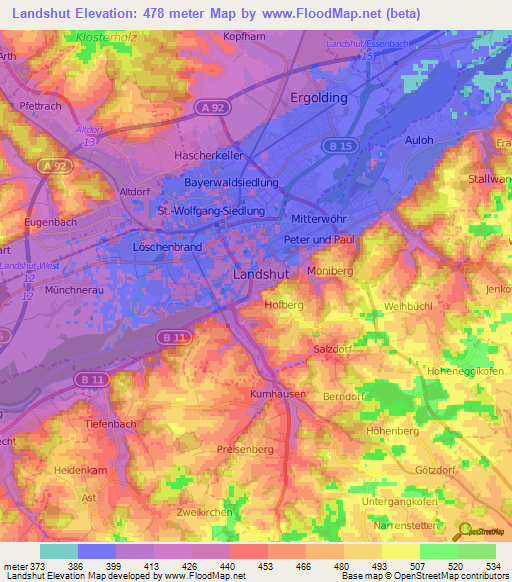 Landshut,Germany Elevation Map