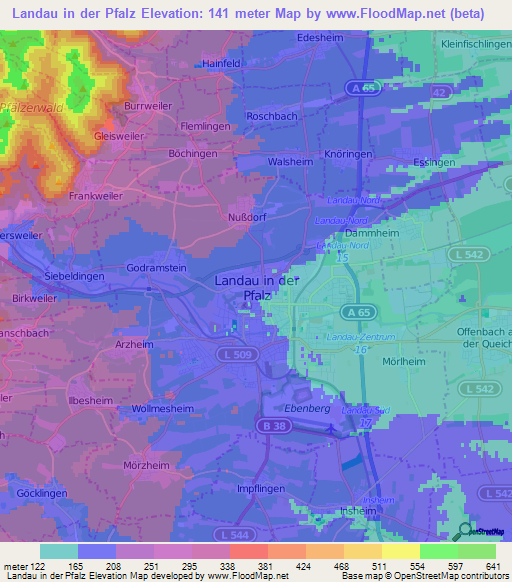 Landau in der Pfalz,Germany Elevation Map