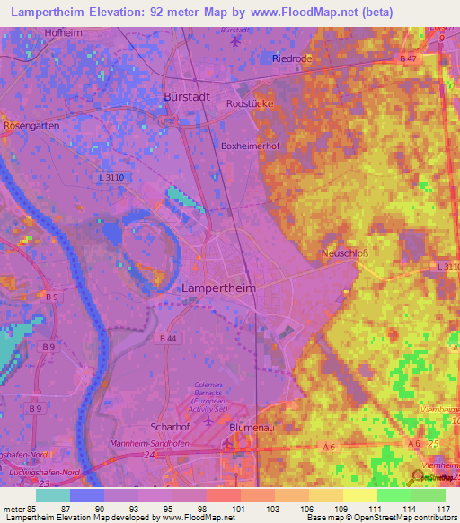 Lampertheim,Germany Elevation Map