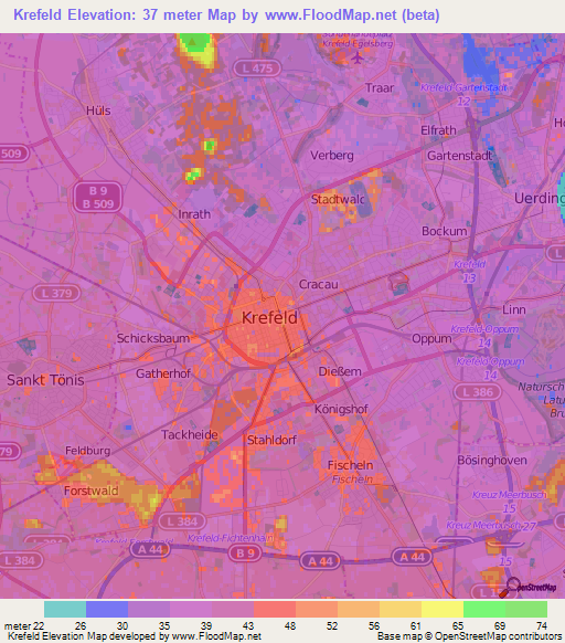 Krefeld,Germany Elevation Map