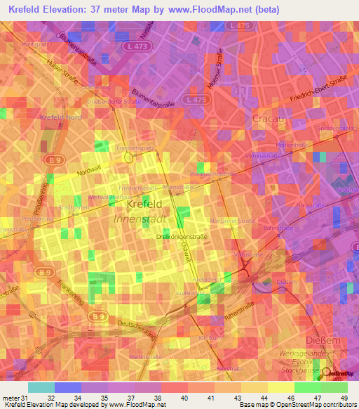 Krefeld,Germany Elevation Map