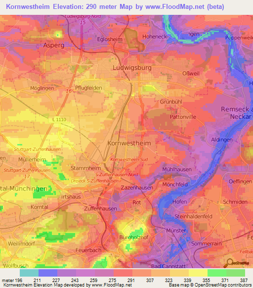 Kornwestheim,Germany Elevation Map