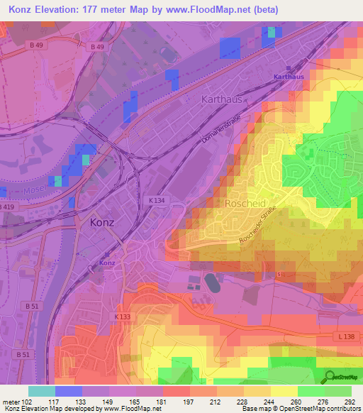 Konz,Germany Elevation Map