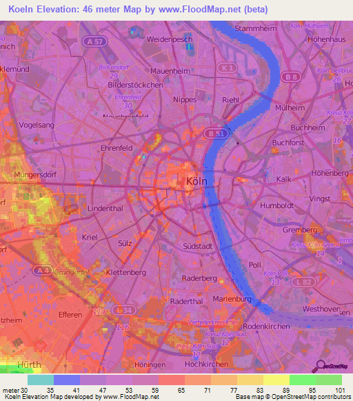 Koeln,Germany Elevation Map