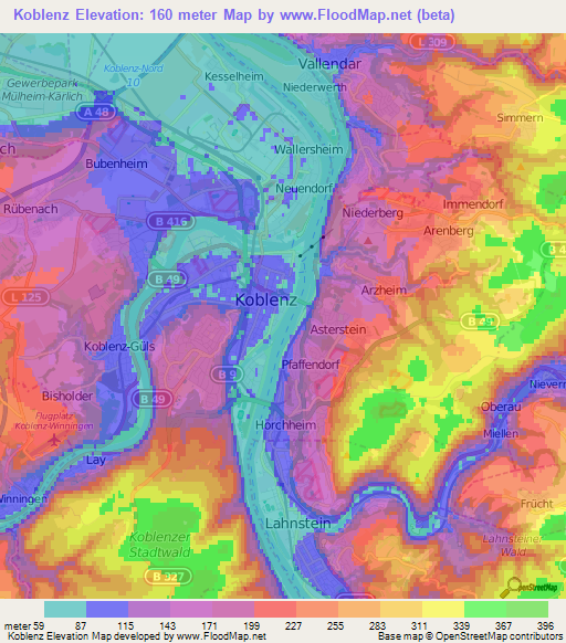 Koblenz,Germany Elevation Map