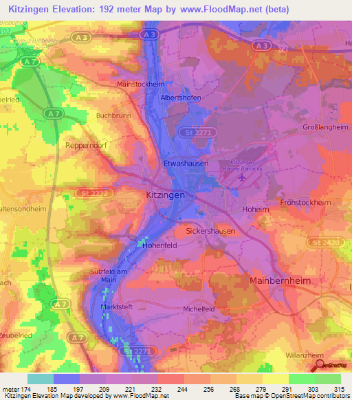 Kitzingen,Germany Elevation Map