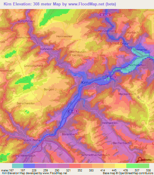 Kirn,Germany Elevation Map