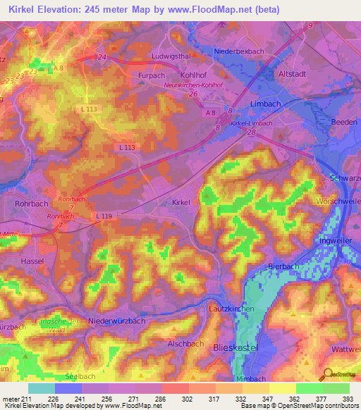 Kirkel,Germany Elevation Map