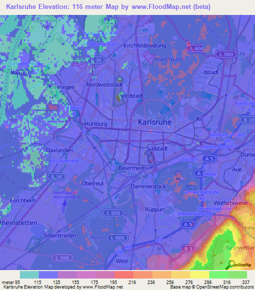 Karlsruhe,Germany Elevation Map