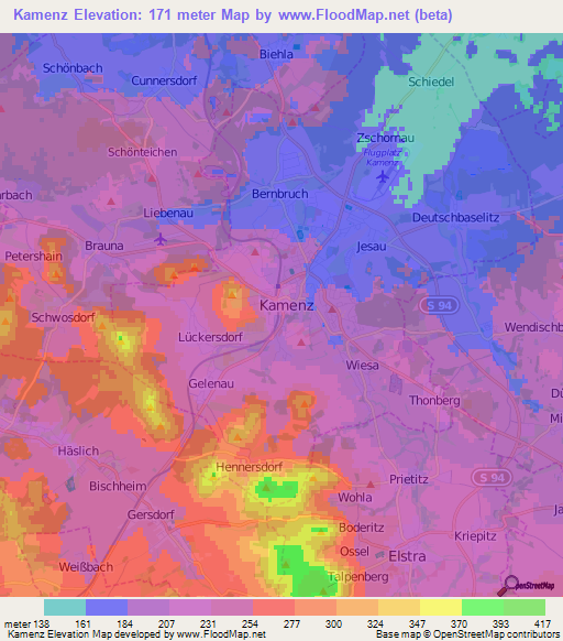 Kamenz,Germany Elevation Map