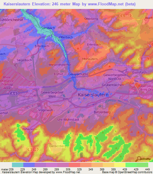 Kaiserslautern,Germany Elevation Map