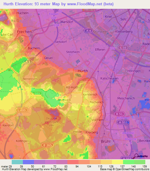 Hurth,Germany Elevation Map