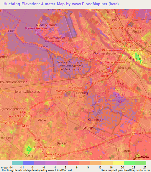 Huchting,Germany Elevation Map