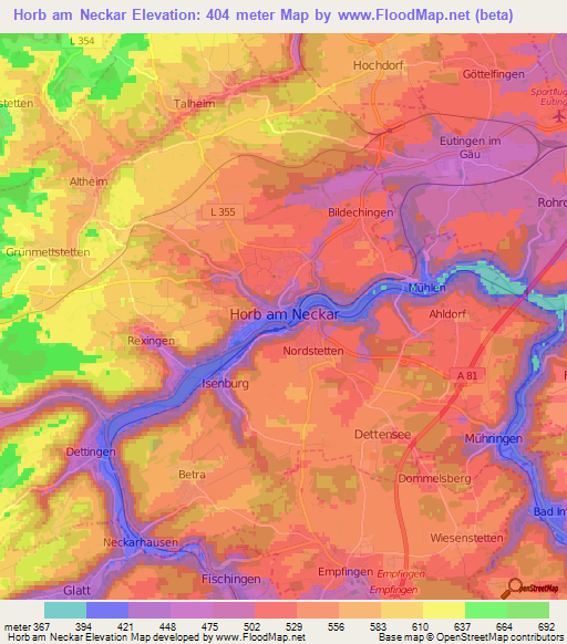 Horb am Neckar,Germany Elevation Map