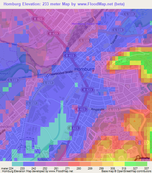 Homburg,Germany Elevation Map