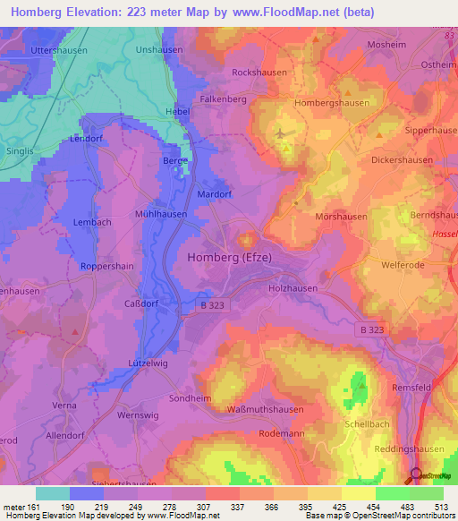 Homberg,Germany Elevation Map