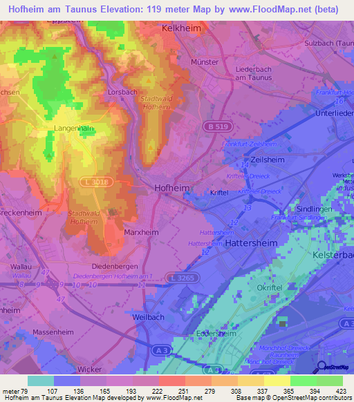 Hofheim am Taunus,Germany Elevation Map