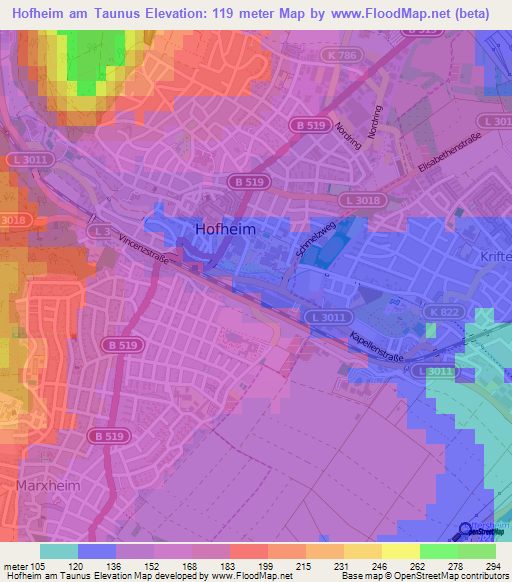 Hofheim am Taunus,Germany Elevation Map