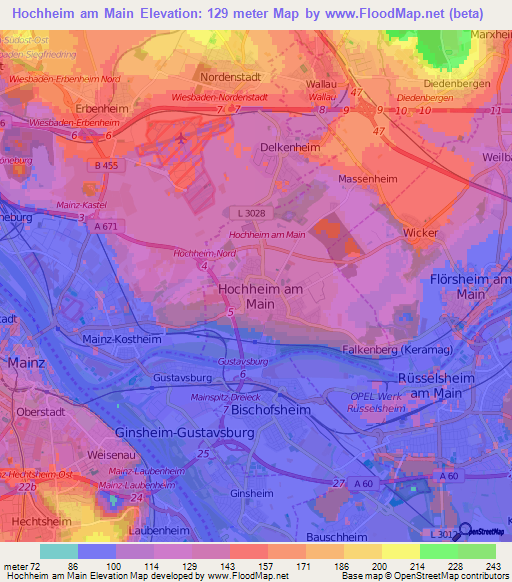 Hochheim am Main,Germany Elevation Map