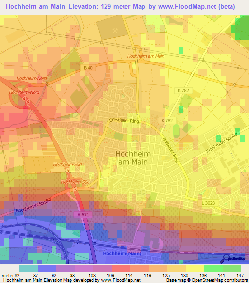 Hochheim am Main,Germany Elevation Map