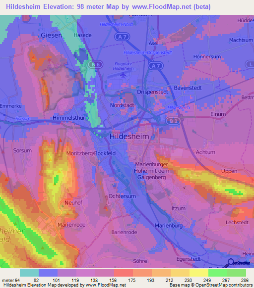 Hildesheim,Germany Elevation Map