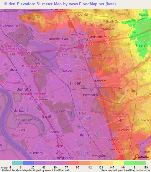 Hilden,Germany Elevation Map