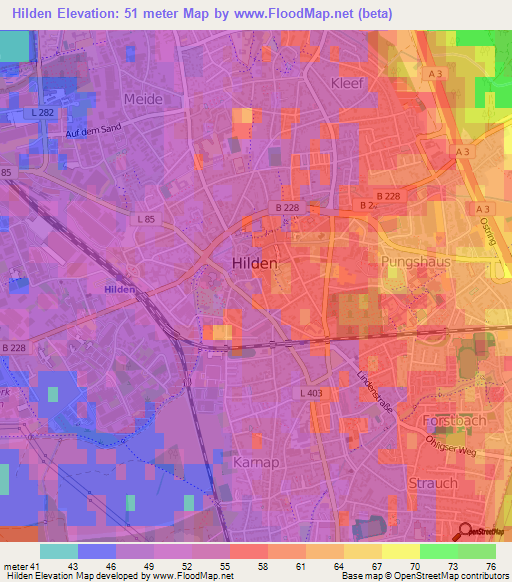 Hilden,Germany Elevation Map