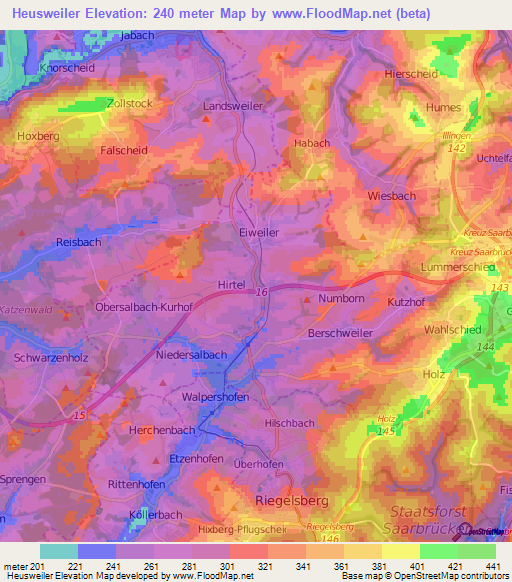 Heusweiler,Germany Elevation Map