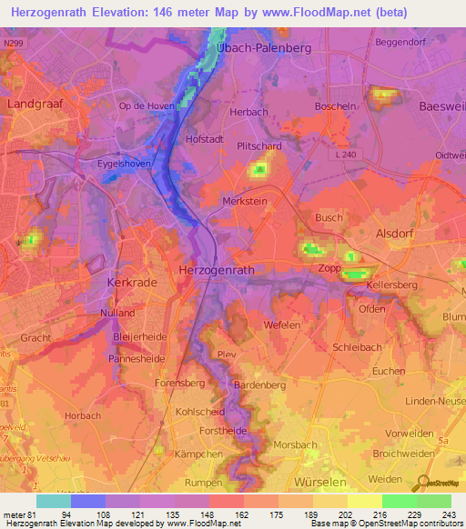 Herzogenrath,Germany Elevation Map