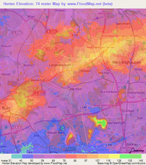 Herten,Germany Elevation Map