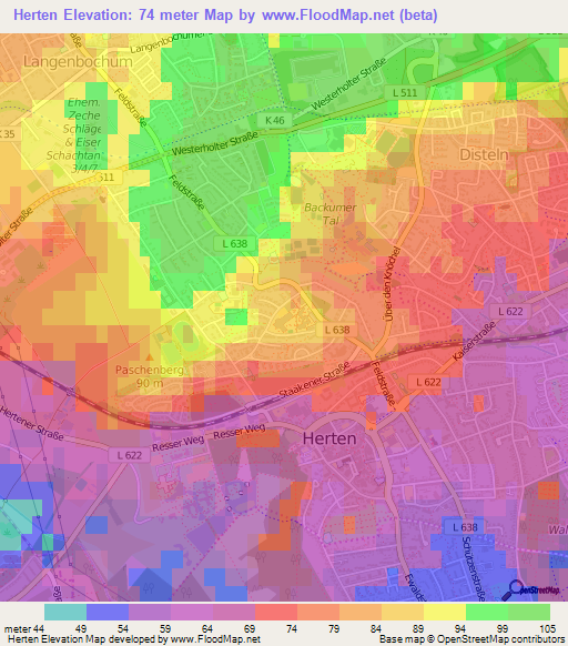 Herten,Germany Elevation Map