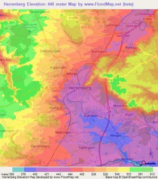 Herrenberg,Germany Elevation Map
