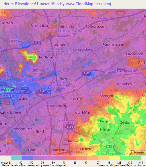 Herne,Germany Elevation Map