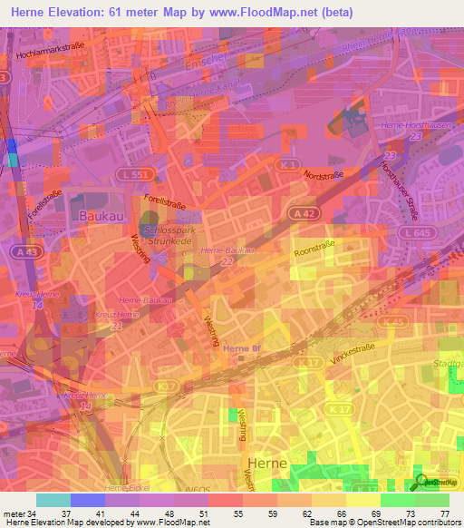 Herne,Germany Elevation Map