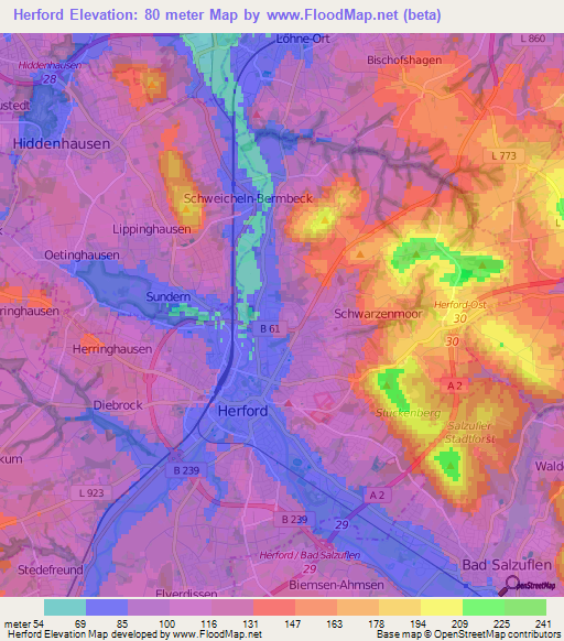 Herford,Germany Elevation Map