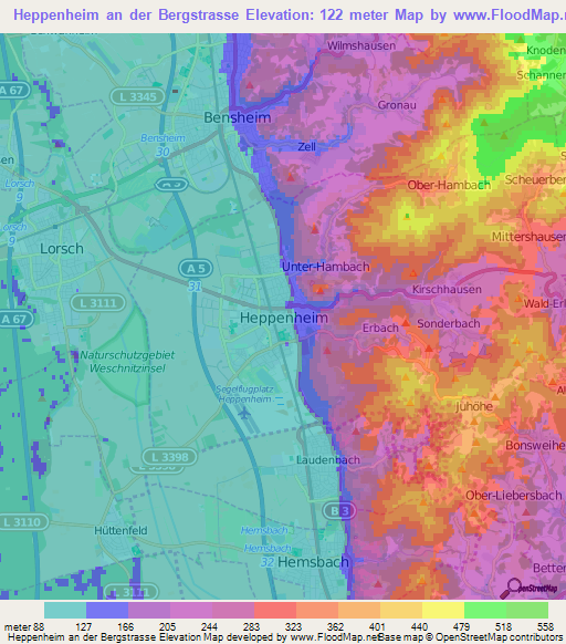 Heppenheim an der Bergstrasse,Germany Elevation Map