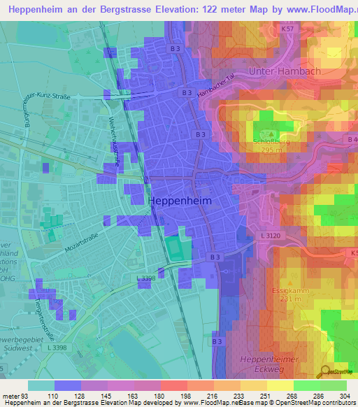 Heppenheim an der Bergstrasse,Germany Elevation Map