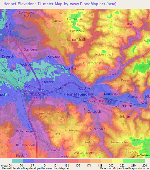 Hennef,Germany Elevation Map