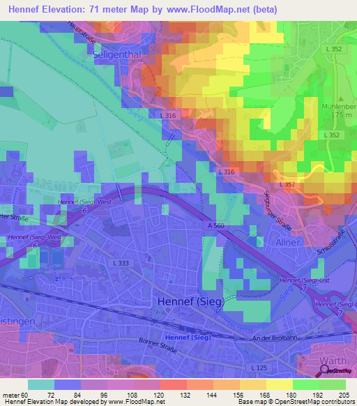 Hennef,Germany Elevation Map