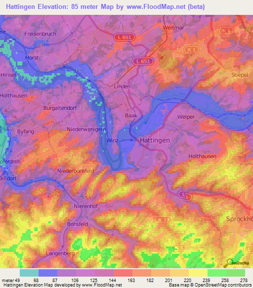 Hattingen,Germany Elevation Map