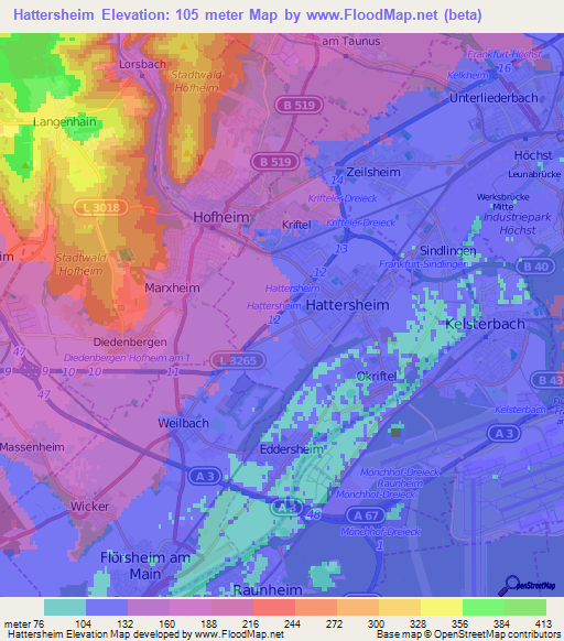 Hattersheim,Germany Elevation Map