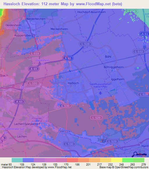 Hassloch,Germany Elevation Map