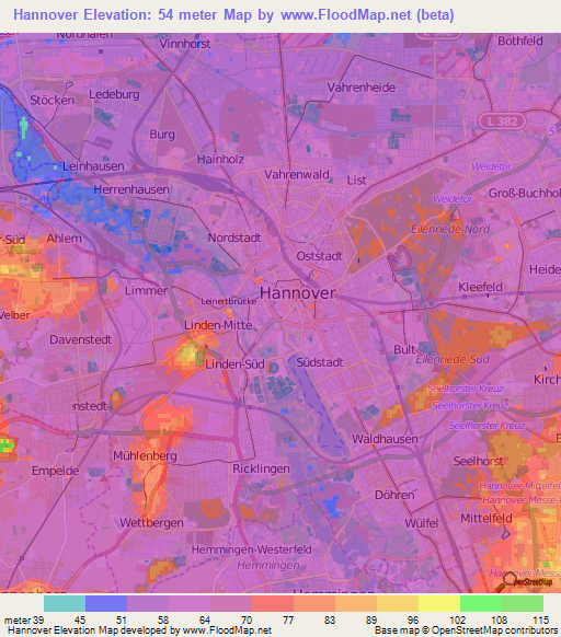 Hannover,Germany Elevation Map