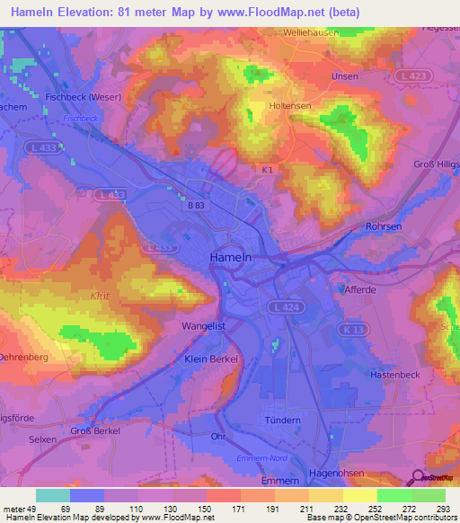 Hameln,Germany Elevation Map