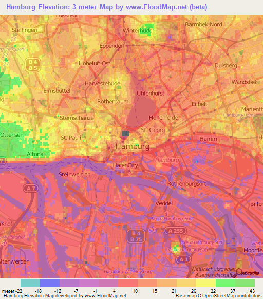 Hamburg,Germany Elevation Map