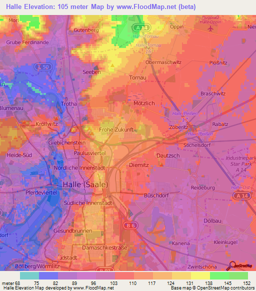 Halle,Germany Elevation Map