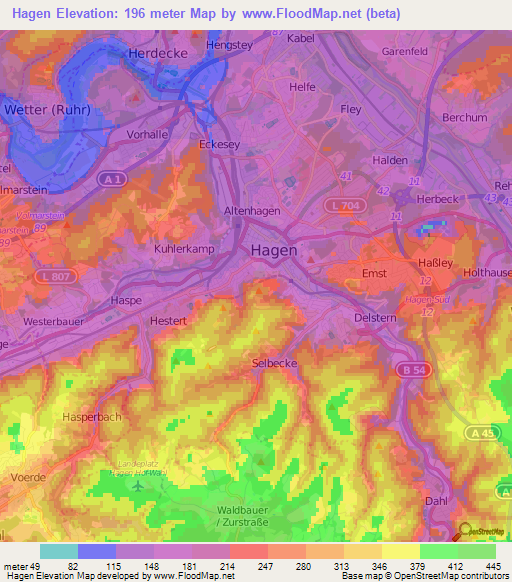 Hagen,Germany Elevation Map