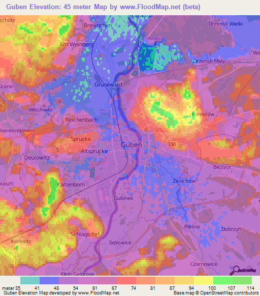 Guben,Germany Elevation Map