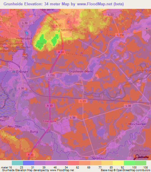 Grunheide,Germany Elevation Map